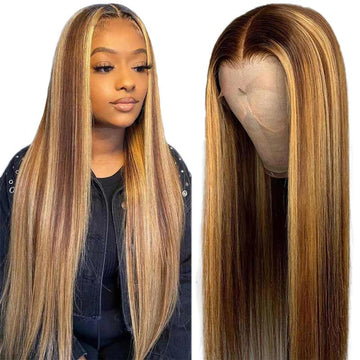 Ali Annabelle Highlight Brown Straight Wig Honey Blonde 4/27 T Part Lace Colored Human Hair Wigs